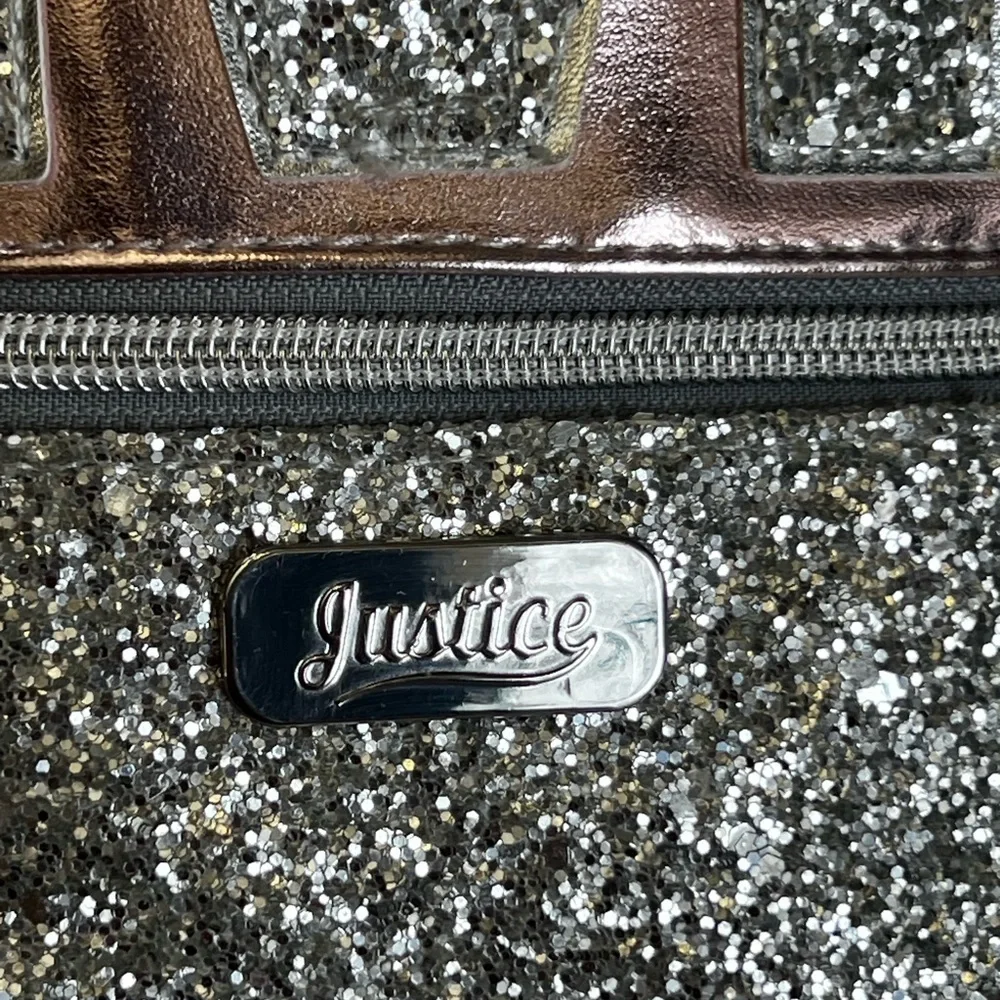 🆕 Justice Silver Glitter Backpack with Pom Pom Charm